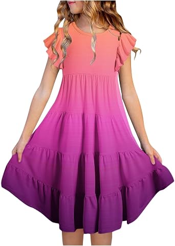 Girls Tie Dye Midi Dress Flutter Sleeve Sundress Elegant A Line Dresses Linen Cotton Short Dress Cute Ombre Sundress