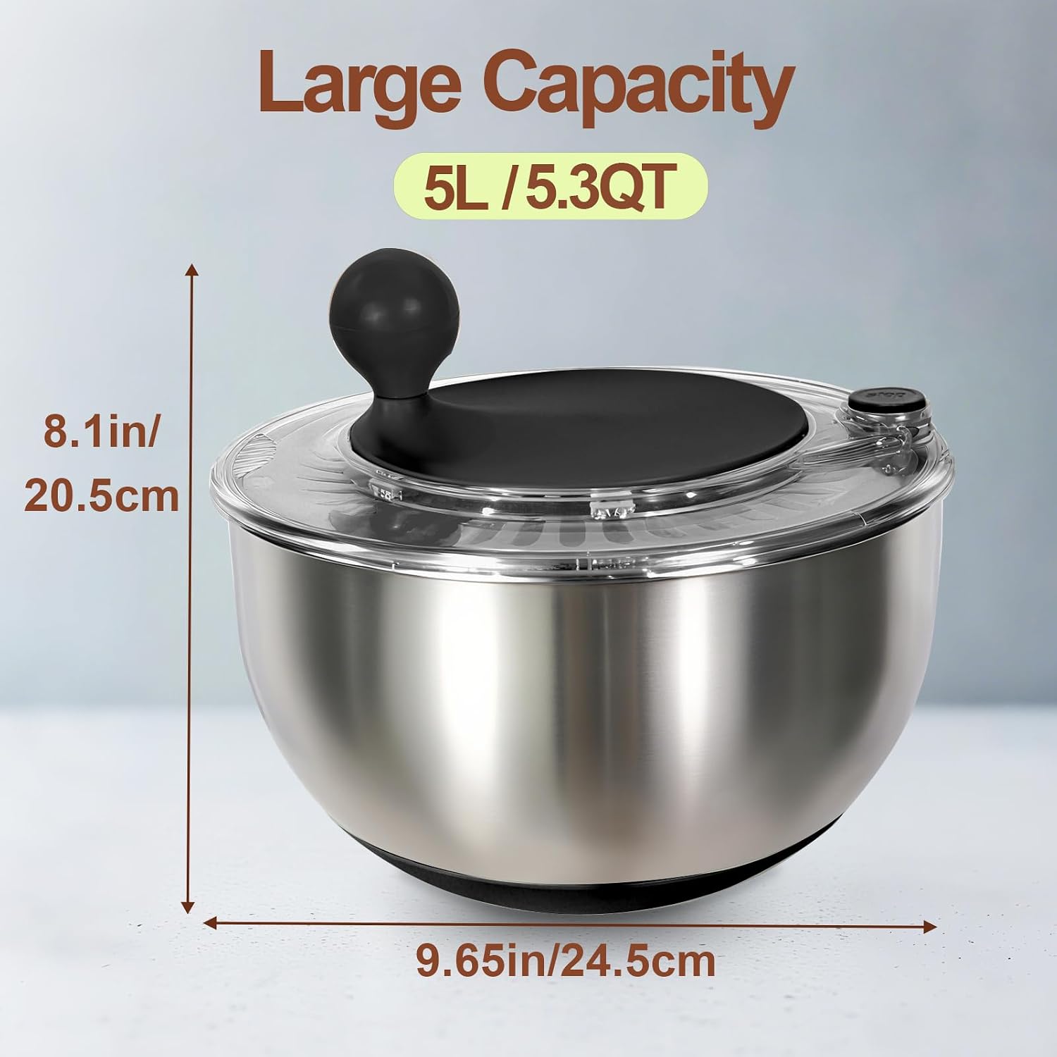 5.3Qt Stainless Steel Salad Spinner,Drain, Stop Button,Quick Dry Black