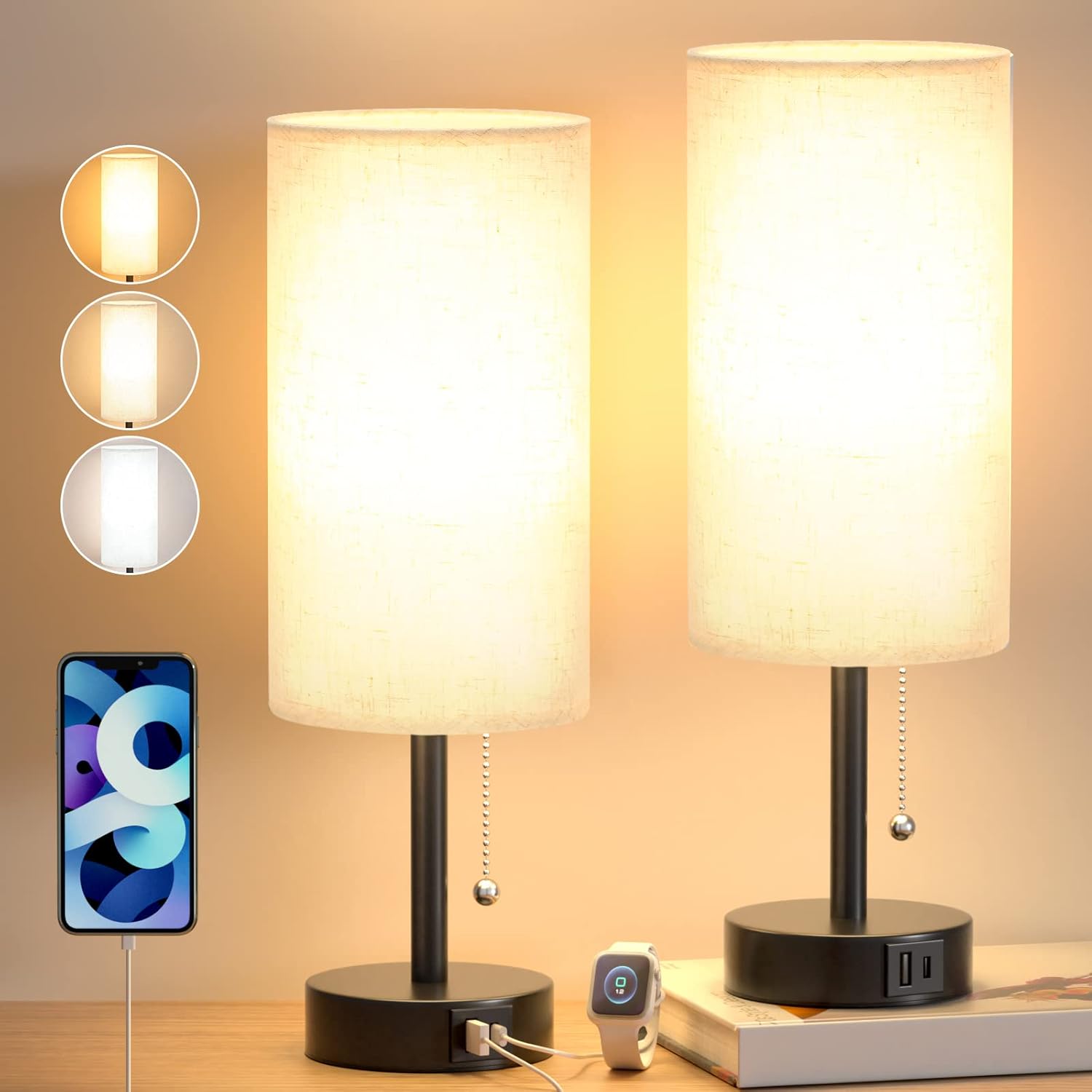 Seealle Bedside Lamps Set of 2 with 3 Color Modes USB C+A Charging