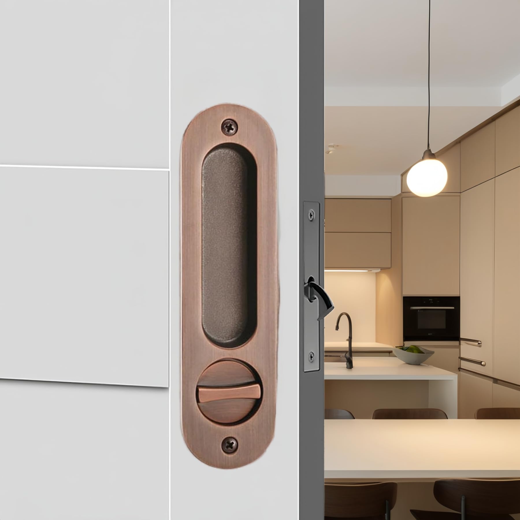 Sliding Pocket Door Lock,173mm Sliding Door Latch with Turn Knob for Interior Wooden Door,Invisible Recessed Door Handle with Key,Keyed Pocket Doors Mortise Lock (Red Bronze)