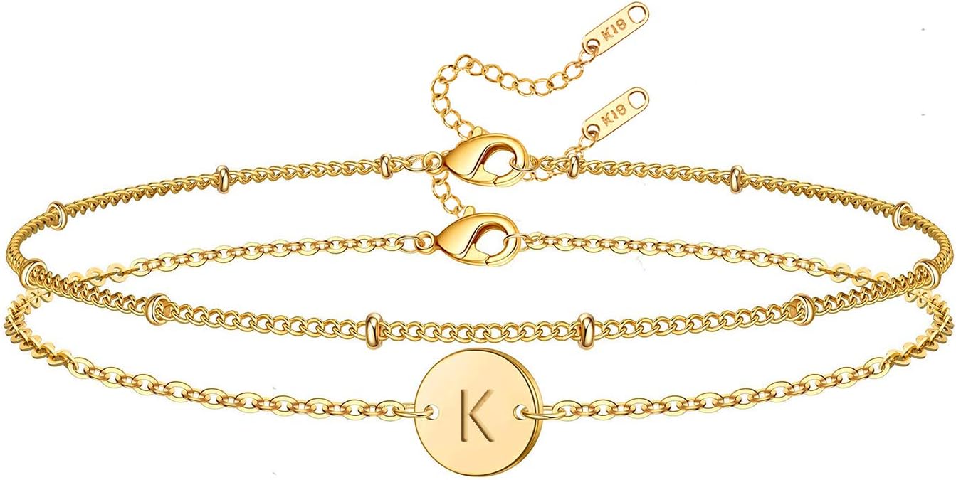 Initial Bracelet for Women 18K Gold Plated Stainless Steel Layered Coin Letter Bracelet Beaded Chain Personalized Name Bracelet