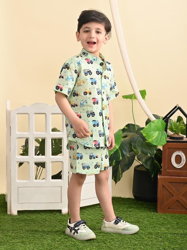 Image of superminis Baby Boys Cotton Printed Shirt and Nikkar /Shorts Coordinated Set
