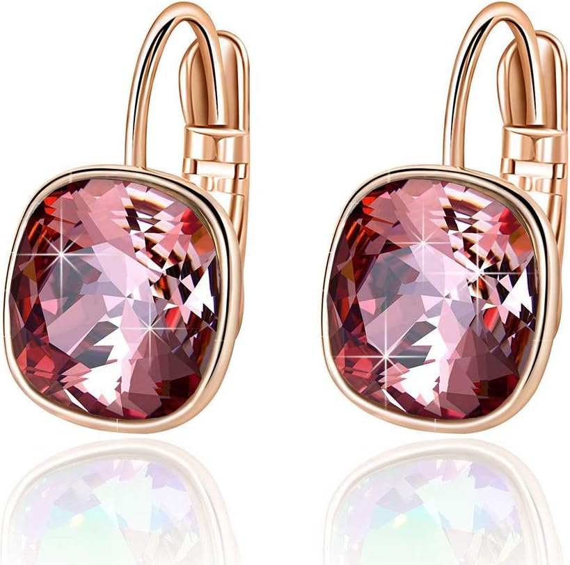 Austrian Crystal Square Cushion Drop Leverback Earrings for Women 14K Rose Gold Plated Hypoallergenic Jewelry