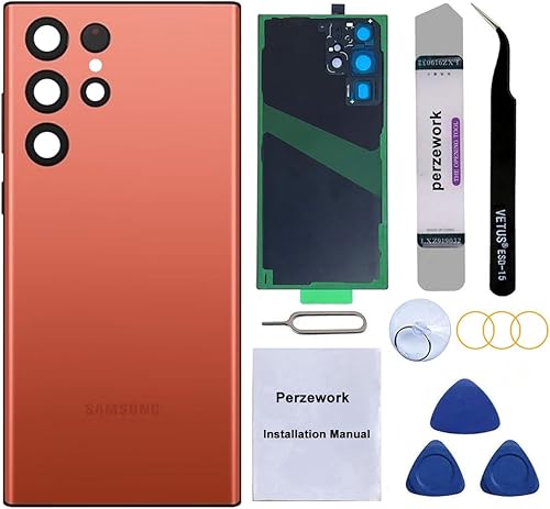 Perzework Reemplazo de cristal trasero trasero para Samsung Galaxy S22 Ultra (rojo) 6.8 pulgadas 5G con kit de herramientas de reparación y adhesivo