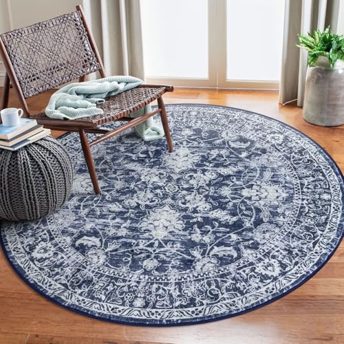 KILOCOCO Area Rug 5ft Round Living Room Rug Washable Printed Vintage Floral Bedroom Rugs Non Slip Entryway Rugs for Kitchen Dining Room Laundry Room Playroom, Blue