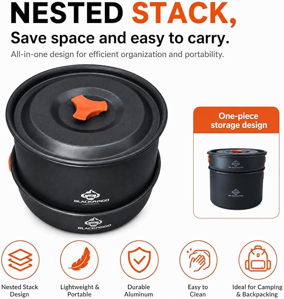 Camping Cookware Set, 15-Piece Camping Pots and Pans Set with Kettle, Frying Pan, Bowls & Plates, Lightweight Backpacking Mess Kit for Camping, Hiking, Picnic, RV Travel