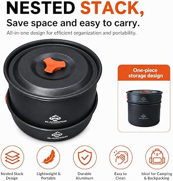 Camping Cookware Set, 15-Piece Camping Pots and Pans Set with Kettle, Frying Pan, Bowls & Plates, Lightweight Backpacking Mess Kit for Camping, Hiking, Picnic, RV Travel