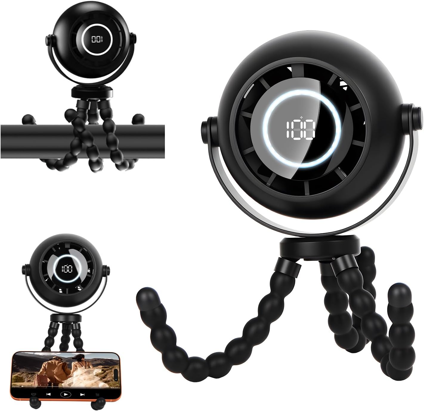 Foluu 360° Rotatable Bladeless Fan with LED Display & Night Light, Octopus Flexible Tripod Portable Fan, Multi-Angle Manual Adjustment 4000mAh Rechargeable Quiet for Camping, Office, Desk, Gym(Black)