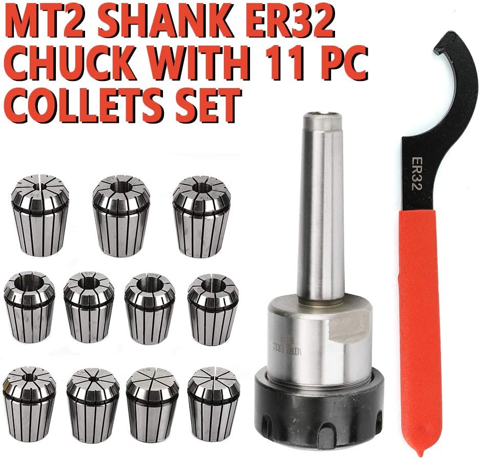 MT2 ER32 Collet Chuck Set with 11 PCS ER32 Collets, 1PCS MT2 Bridgeport Shank Holder & 1 PCS Wrench for Milling Machine.