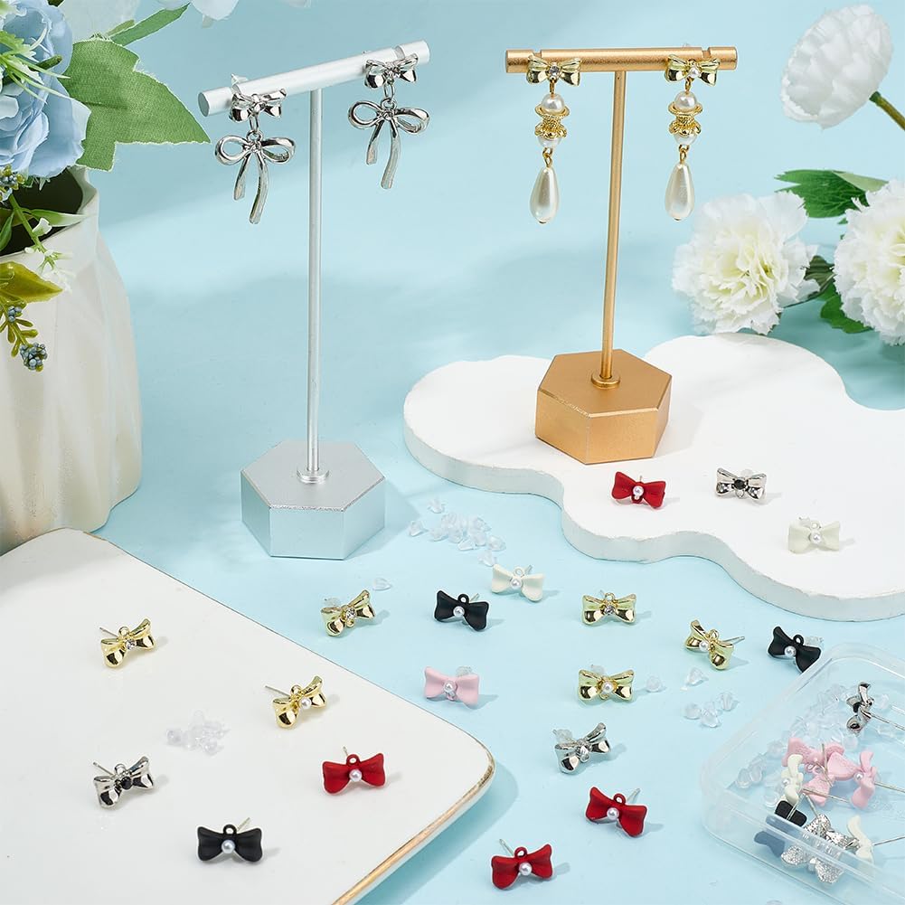 32Pcs 8 Styles Bow Earring Stud Findings Bow Earring Posts Colorful Alloy Cute Imitation Pearl Rhinestone Dangle Ear Accessories with Loop for Jewellery Making DIY Crafts Supplies Women - Image 3