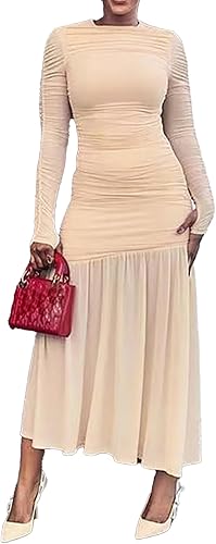 ☆韓国の人気☆【elfelfelfarchives】☆LONG SLEEVE DRESS☆ Unybwonn Women's Long Sleeve Ruched Bodycon Maxi Dress Flowy