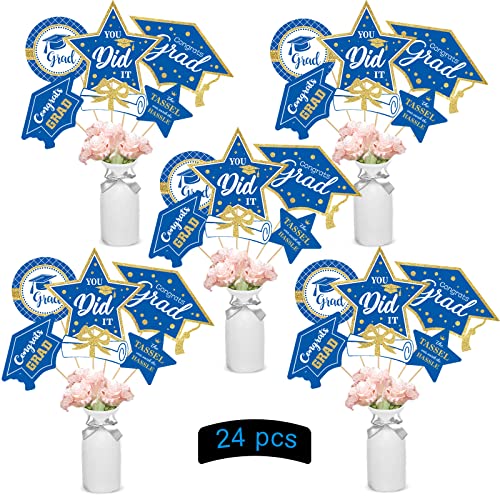 Image of party greeting 2026 Graduation Decorations Set of 24 Class of 2026 Table Decor Congrats Grad Party Centerpiece Sticks Table Toppers Graduation Party Supplies, Blue Gold