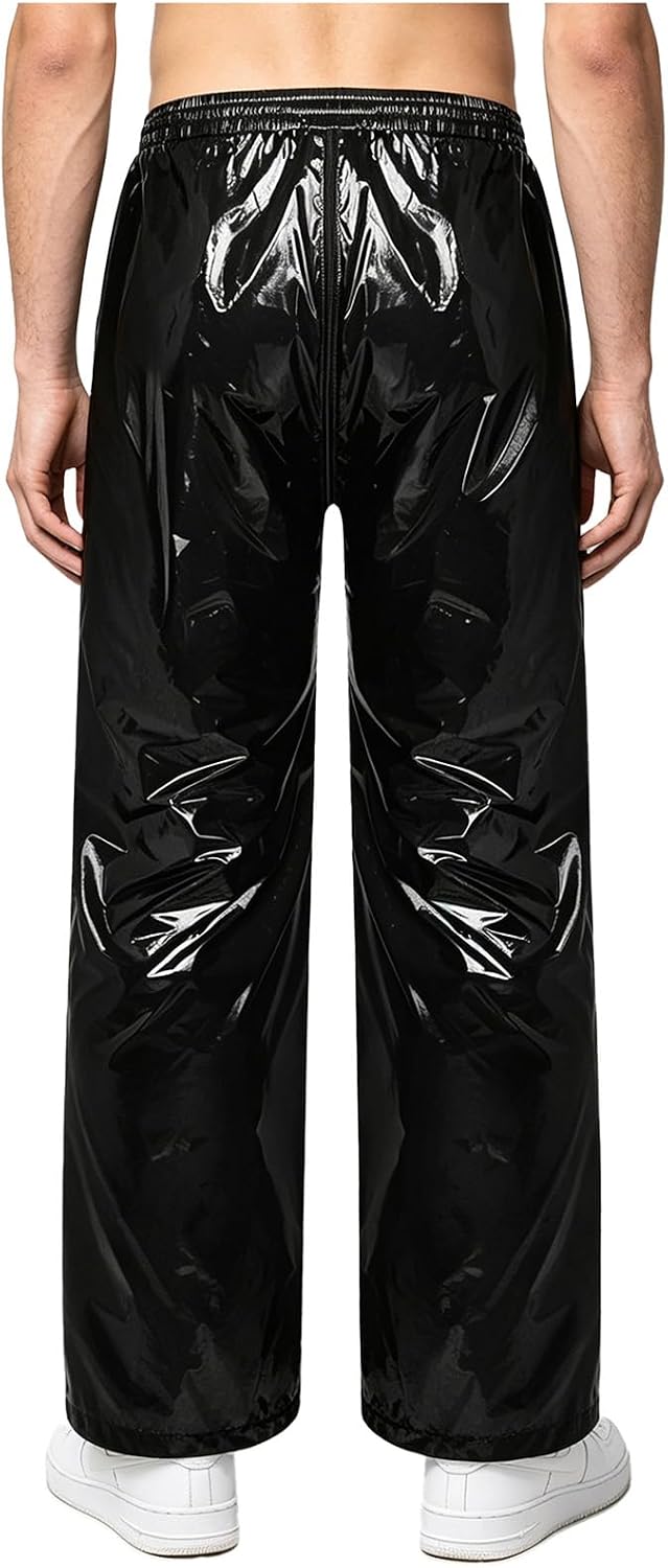 Linjinx Men Leak Proof Trousers Glossy Baggy Pants Joggers with Pockets High Waist Loose Fit Leggings