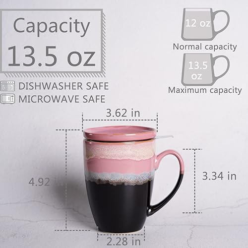 Miniatura 7 de Bosmarlin Taza de té de cerámica con infusor y tapa, 13.5 onzas, 4 colores a elegir, apta para lavavajillas y microondas, esmalte reactivo, taza de