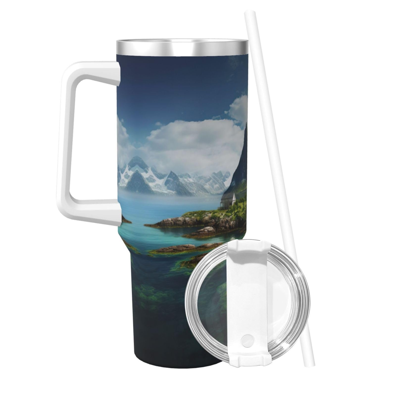 Norway Islands Ice Bully Doppelwandige isolierte Wasserflasche mit Griff und Strohhalm-Deckel, 1,2 l