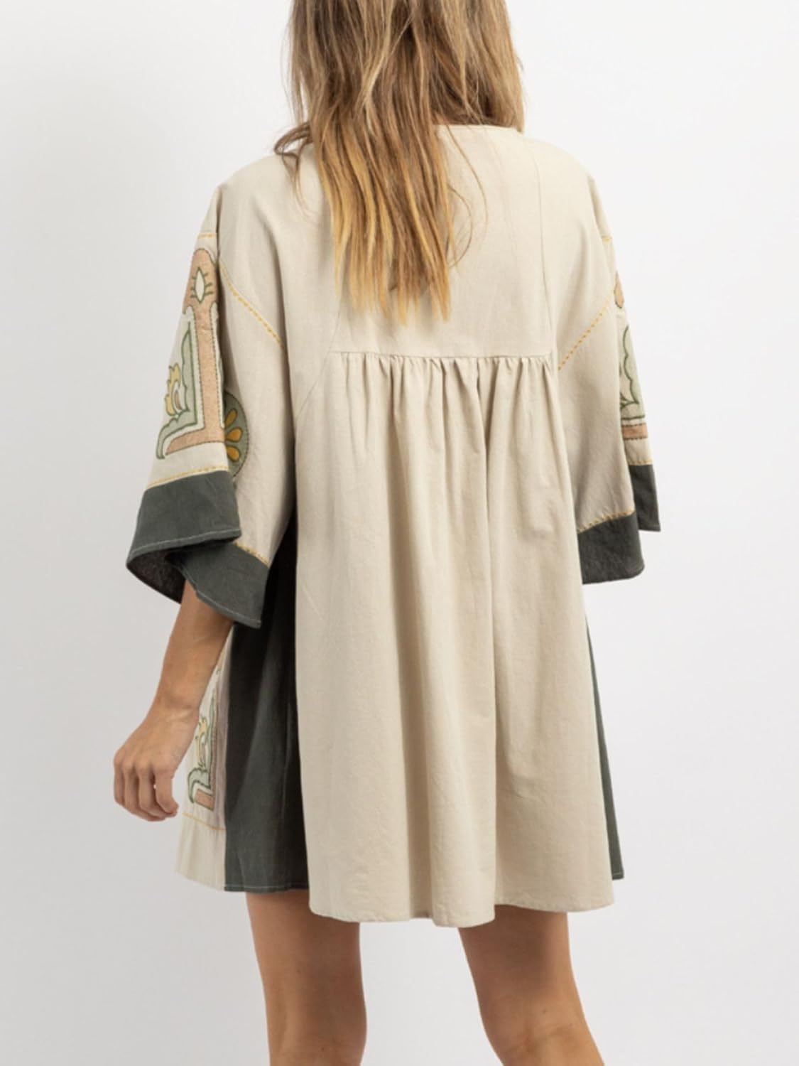 Womens Oversized Embroidered Dress with V-Neck and 3/4 Sleeves Vintage Embroidery Babydoll Dress - Image 2