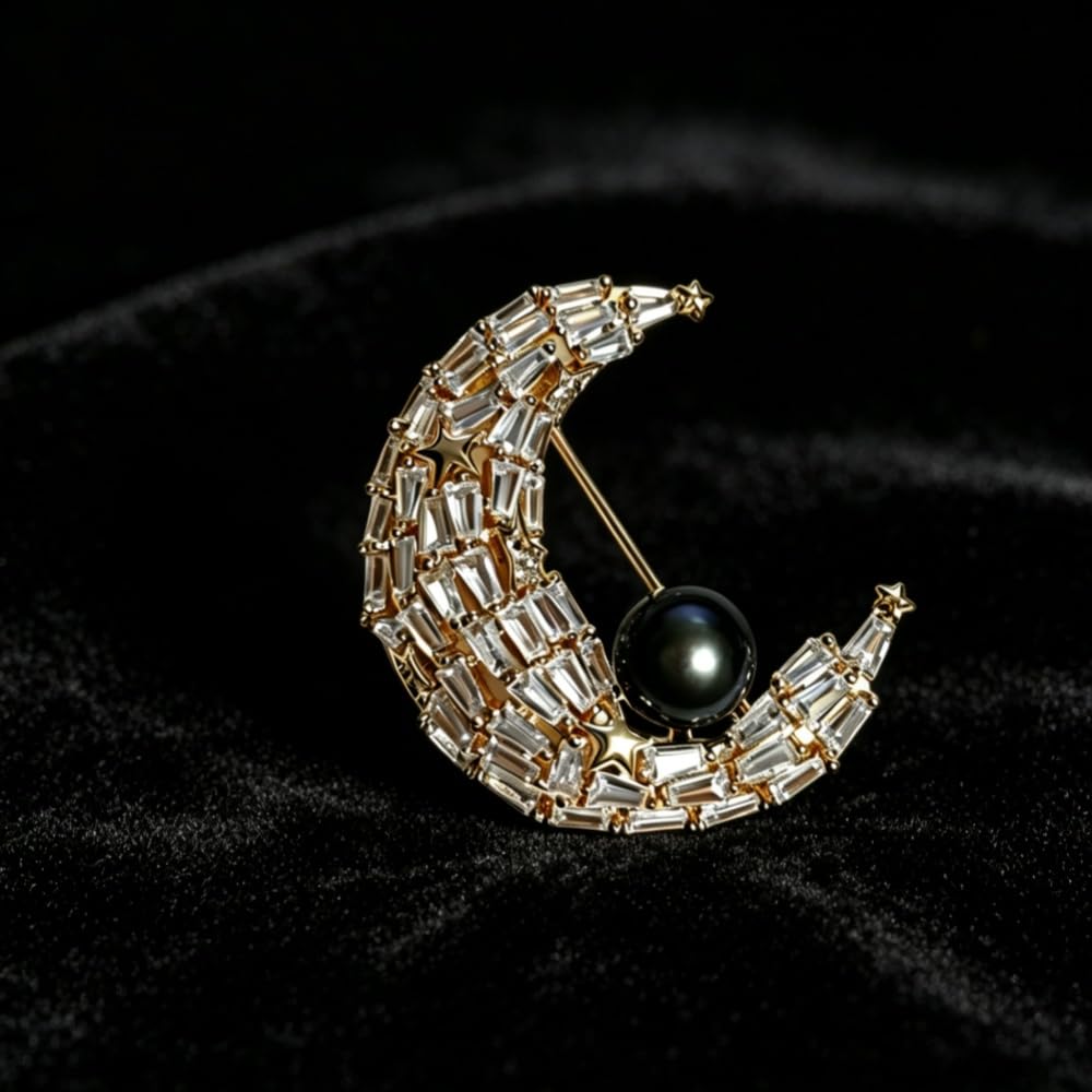 Broche de perlas de luna, combinado con incrustaciones de circonita tridimensional de lujo de perlas negras naturales, joyería elegante para bufandas, chaquetas, bodas y fiestas, viene con una caja de