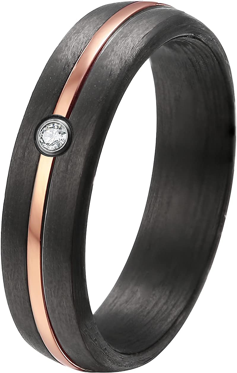 DOOSTI Damen Herren Ring Carbon Schwarz mit Edelstahl Einlage Rosegold mit Zirkonia als Partnerring Ehering Freundschaftsring