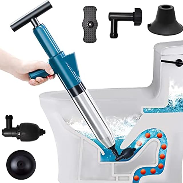 Toilet Plunger, Air Drain Blaster Kit, Clog Remover with 4 Replaceable Heads & Visual Barometer, High Pressure Air Toilet Unclogger Plumbing Tools for Clogged Toilet Sink Sewer Pipe Dredge
