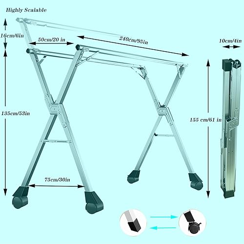 Miniatura 7 de Estante de secado de ropa de acero inoxidable, estante para secadora de ropa al aire libre, estantes para lavandería, tendedero plegable para