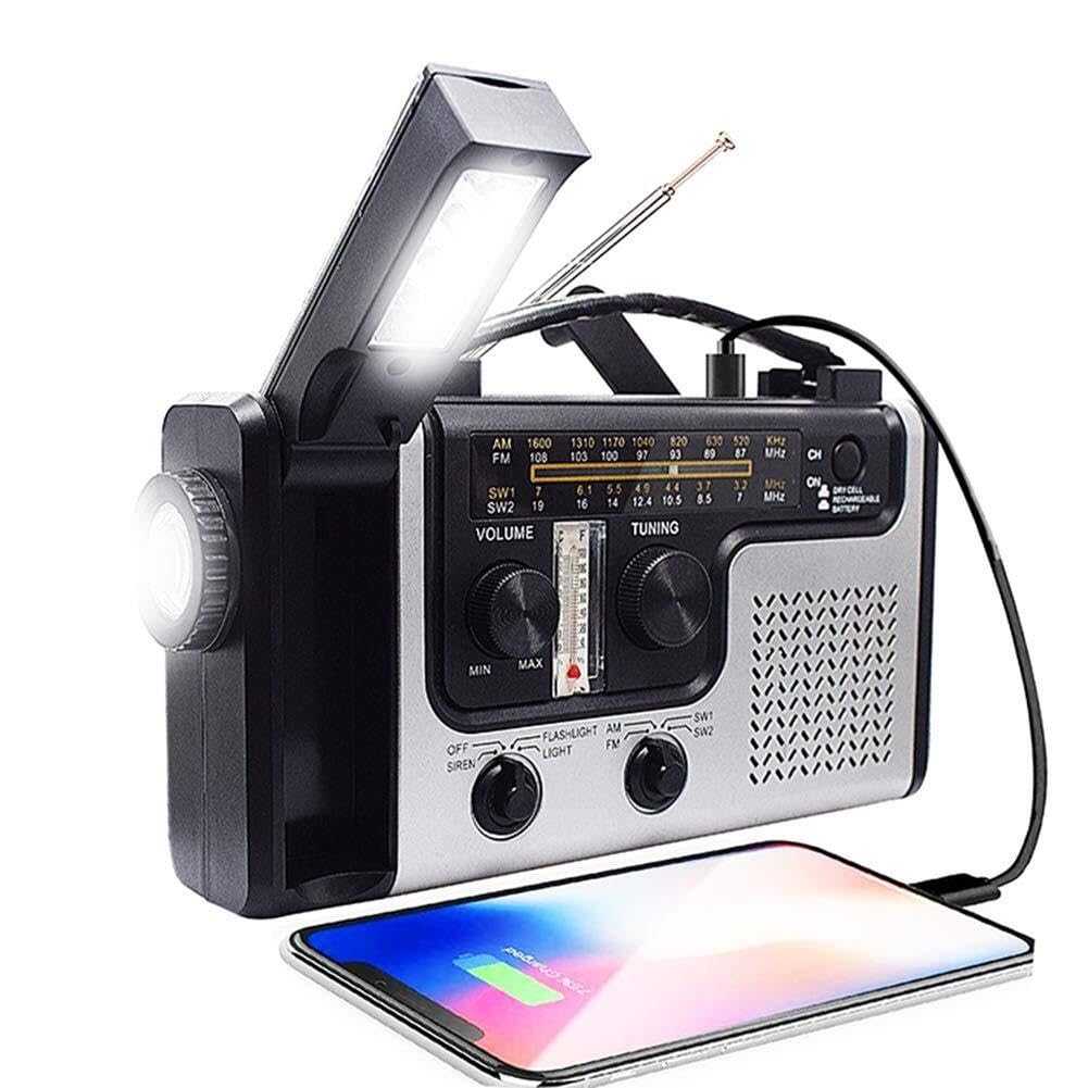 Radio awaryjne pogodowe z akumulatorem, dynamo z korbką ręczną zasilane energią słoneczną, wielofunkcyjne, z latarką LED, lampką do czytania, alarmem SOS, na kemping i wycieczki