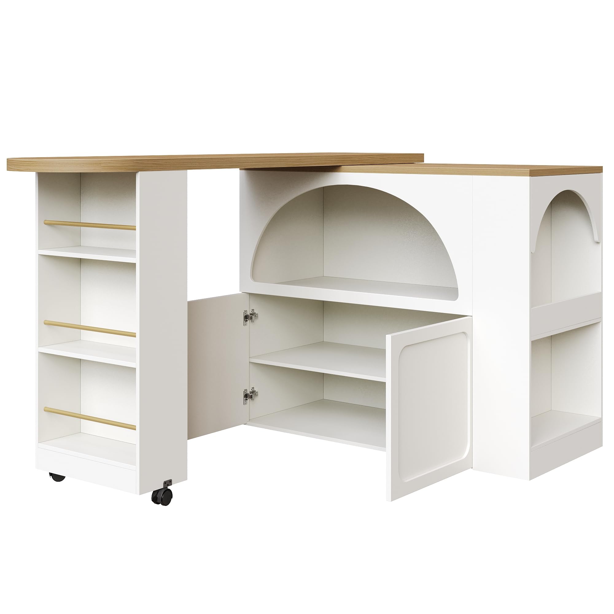Tavolo bar bianco 135-205 cm penisola cucina estensibile telescopica luci LED musica porta USB ruote bloccabili porte arco ammortizzate mdf solido carico 60kg per salotto sala da pranzo ufficio