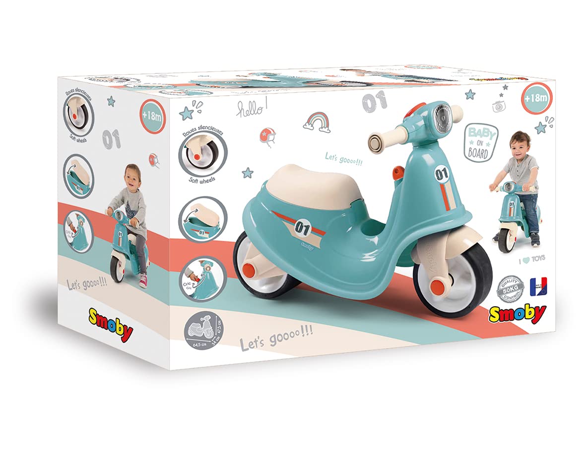 Smoby Skuter Niebieski Retro na Trzech Miękkich Kółkach z Wygodnym Siedziskiem 64,5x34x47,5 cm 18m+