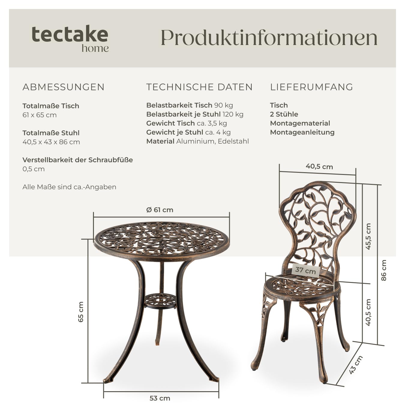 tectake® Aluminium Metall Bistroset Gartenmöbel Set, Bistro Set 1x Balkontisch Beistelltisch Outdoor und 2X Gartenstuhl, Terrassenmöbel, Balkonmöbel Kleiner Balkon, Wintergarten, Gartendeko Vintage