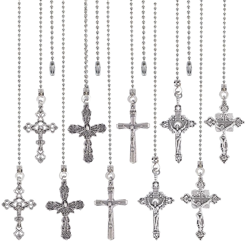 CRASPIRE 10Pcs 5 Style Cross Ceiling Fan Pull Chain Extender Charm Pendant Adjustable Decorative 12.6 Inch Extension Connector Ball Bead Cord Replacement Hanging Ornaments for Lighting Lamp Decor