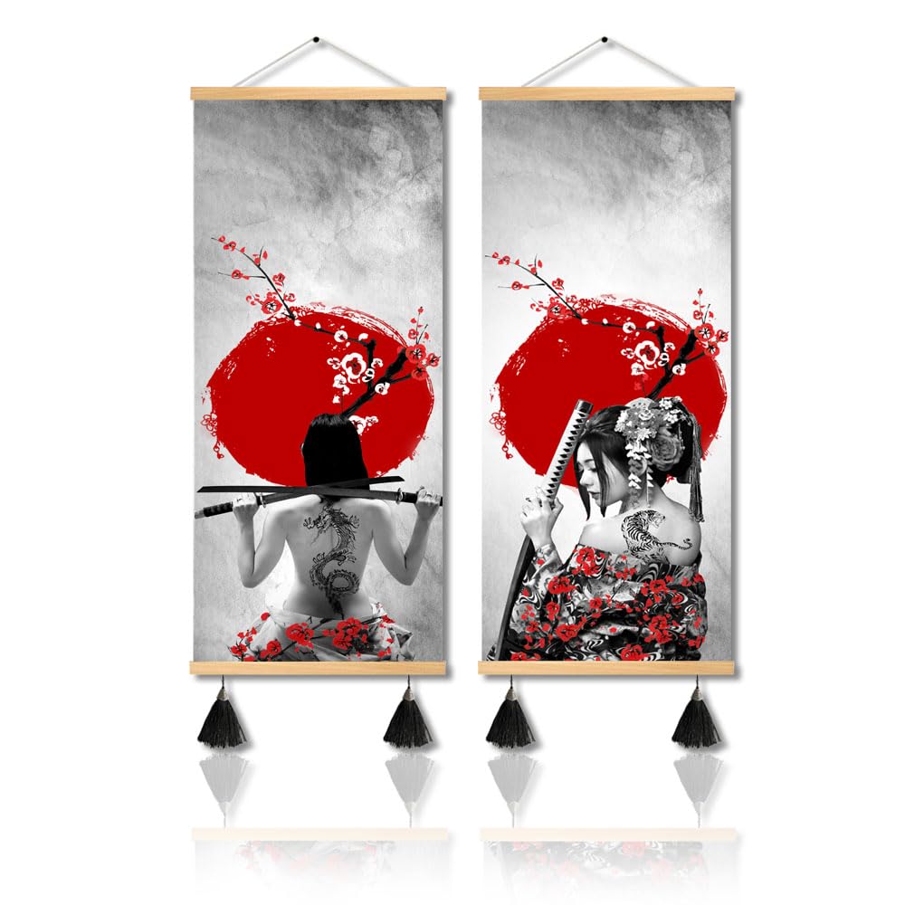 MBOUFOEY Red Grey Ancient Japan Warrior and Cherry Blossom Scroll Painting Women Samurai Canvas Wall Art Print Poster Ready To Hang Vintage Style Artwork Home Decor Framed 12"x32"x2pcs
