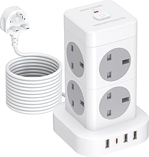 Hulker 5M Tower Extension Lead with USB C, 8 Way 4 USB Vertical Power Strip Overload Protection Multi Plug Extension 5M Long Extension Cord Tower Charging Station 3250W 13A