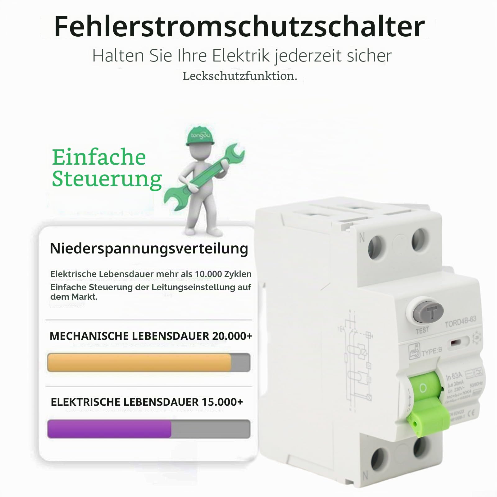 Zuverlässiger Typ B Leitungsschutzschalter RCD DC Elektrisch 2P 63A 30MA Ausschaltleistung Typ B RCD Leitungsschutzschalter für schwere elektrische Lasten
