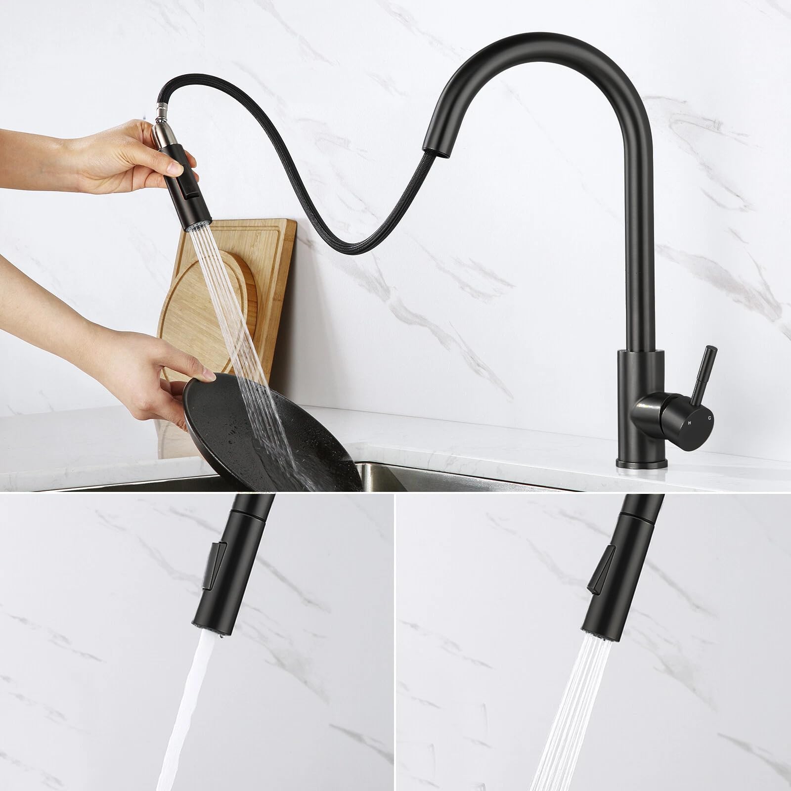 Aica Grifo de cocina, grifo de cocina, negro, extensible, giratorio 360°, grifo mezclador de alta presión con manguera flexible de 27 pulgadas, grifo monomando para fregadero de cocina