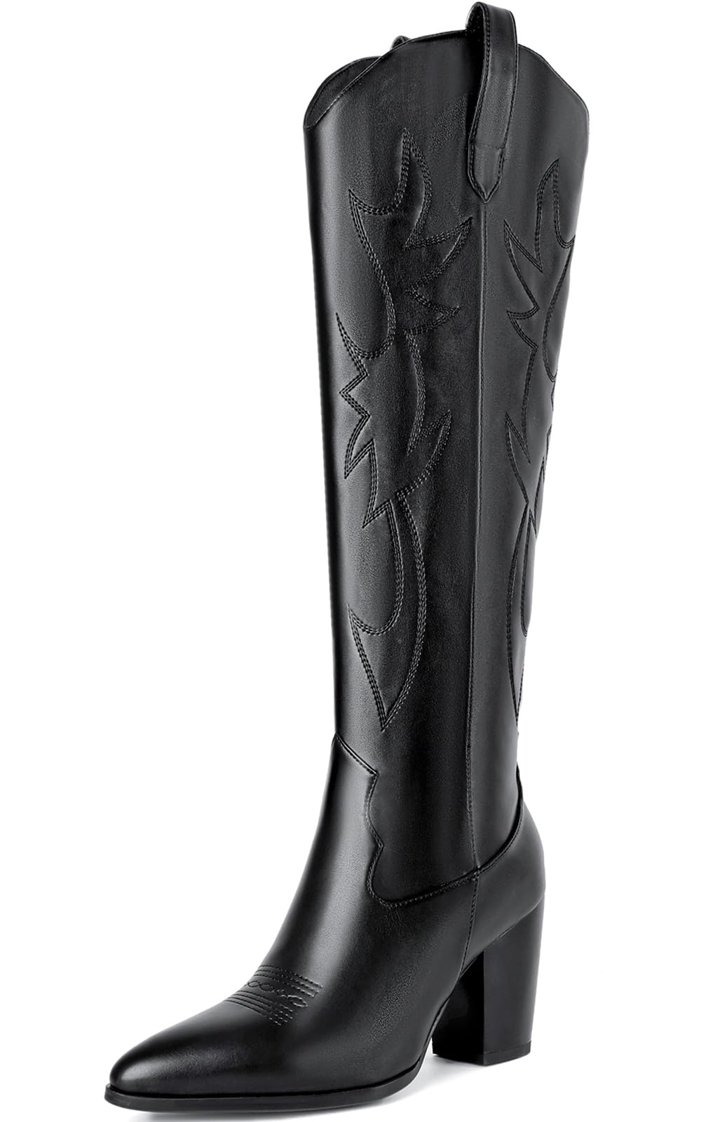Mostrin Cowgirl Boots for Women Embroidered Cowboy Boots Pointed Toe Knee High Boots Chunky Block Heel Pull On Tall Western Boot for Ladies