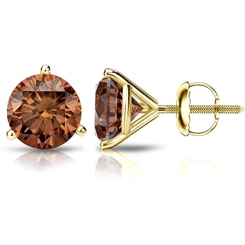 14k Yellow Gold Round Brown Diamond 3-Prong Martini Stud Earrings (1/4-2 ct, Brown, SI2-I1) Screw-Back