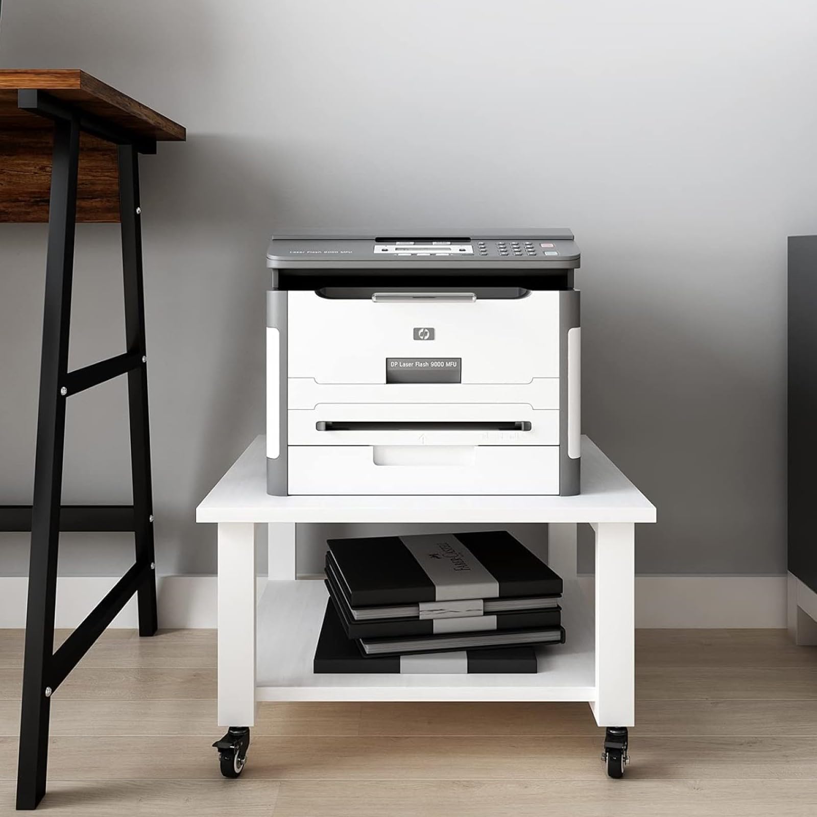 PUNCIA Mesa para Impresora de 2 Niveles con Ruedas 50 x 50 x 30 cm Soporte para Impresora móvil de Madera y Metal Carro para Impresora Estante de Almacenamiento Blanco para Oficina Hogar Escuela