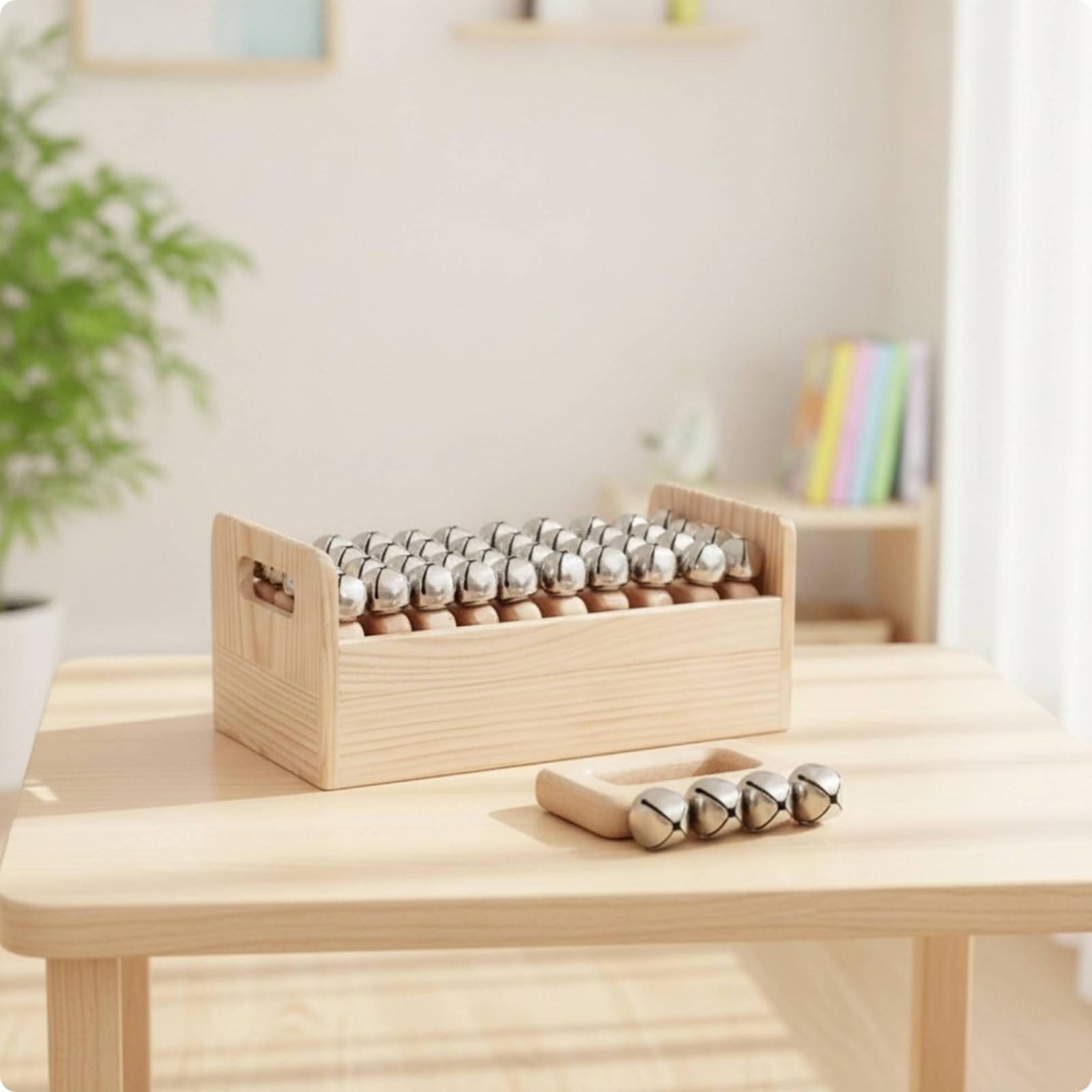 harayaa Campanella Musicale per Bambini Strumento a Percussione Sonaglio a Mano Raganella Tradizionale in Legno con in Metallo, Sette Campanelle A Mano A Mezzaluna + Scatola Di Legno