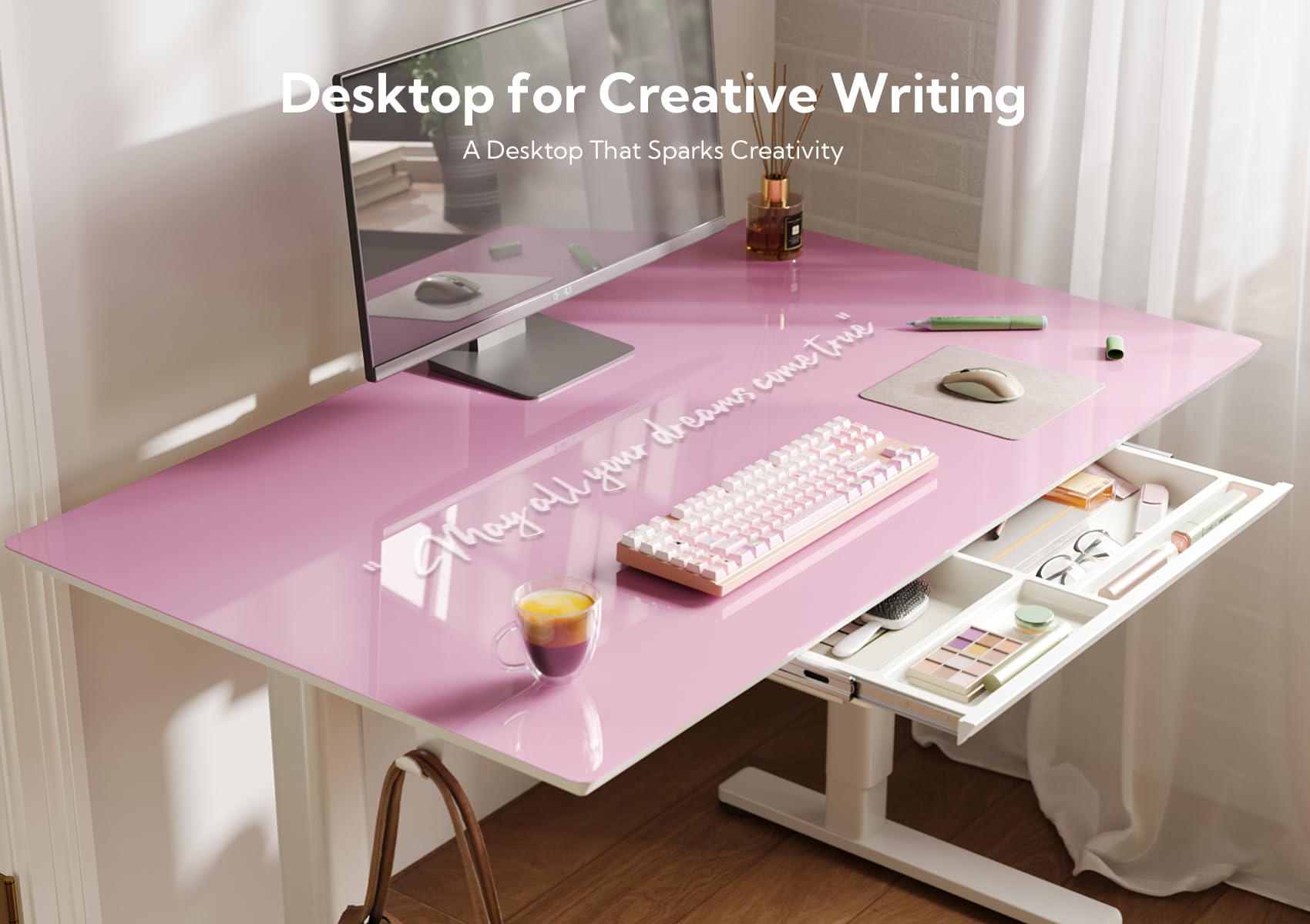 INNOVAR Glass Standing Desk with Drawers, Adjustable Height Stand Up Desk, Electric Standing Desks with Storage, 48 inch, Morandi Powder