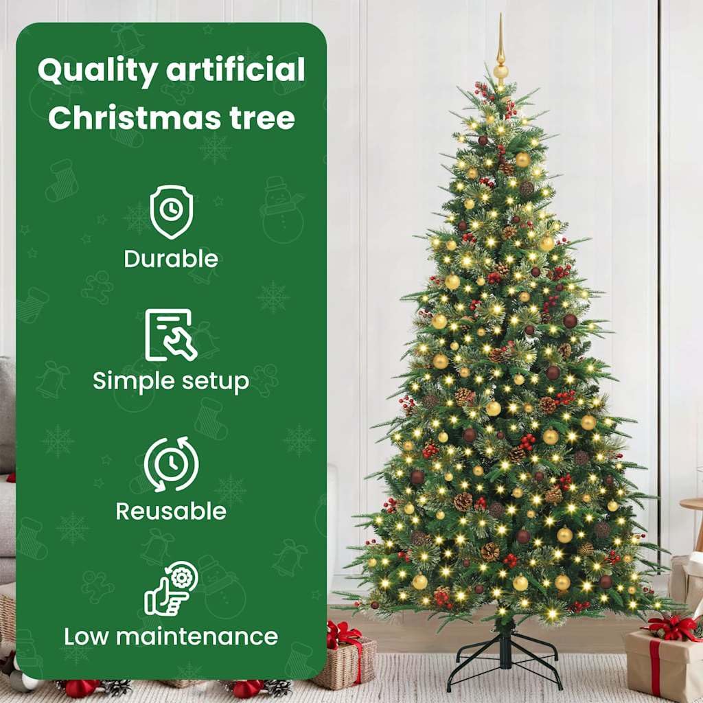 vidaXL Albero di Natale Artificiale con Rami Pieghevoli Verde 240 cm, Albero di Natale a forma di cono, decorazione resistente, luci festive con stringa bianca calda