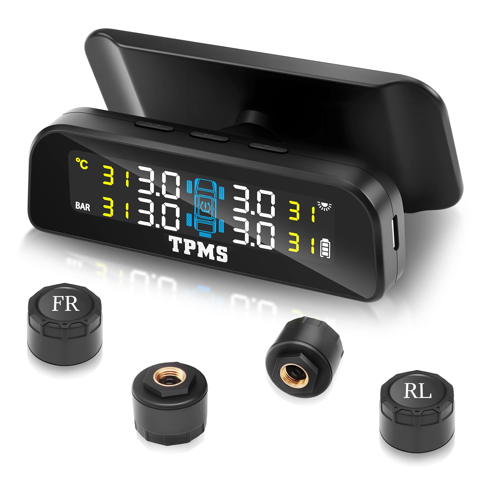 0-3.5bar TPMS SystèMe De Surveillance De La Pression des Pneus Solaire sans Fil & Chargement USB, 5 Modes D’Alarme, 4 Capteur Externe De Pression des Pneus, Universel pour Les Voitures Vans