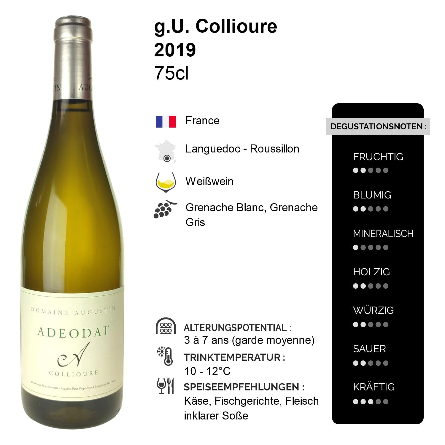 Collioure Adeodat Weißwein 2019 - Domaine Augustin Parcé - g.U. - Languedoc - Roussillon Frankreich - Rebsorte Grenache Blanc, Grenache Gris - 3x75cl