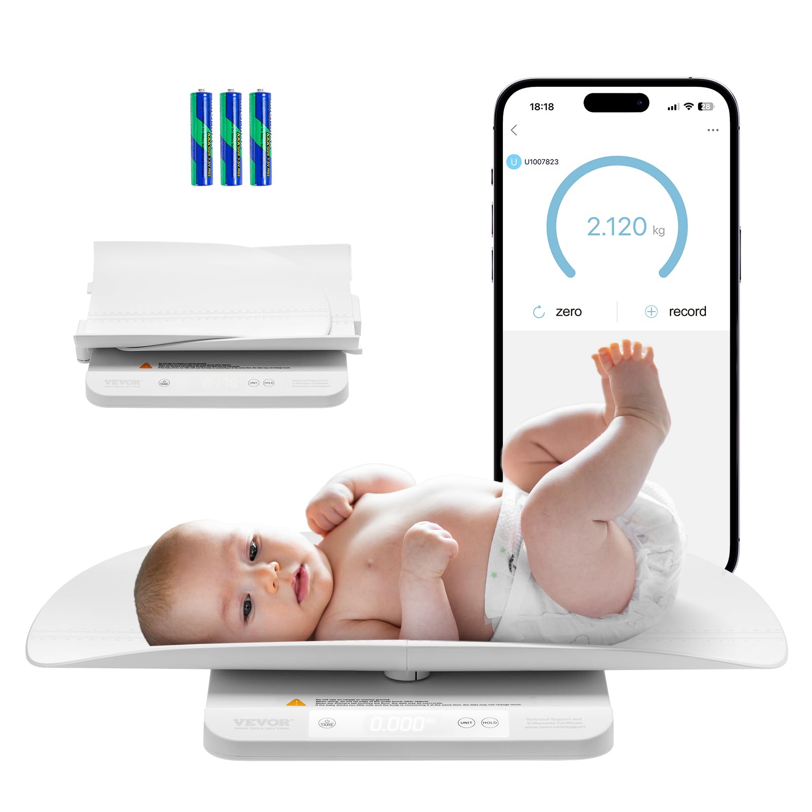 VEVOR Bilancia Intelligente Bluetooth per Neonati, Bilancia Digitale per Neonati 2 in 1 per Pesare con Vassoio Staccabile, Funzione Hold e Tare, per Bambini Piccoli, Animali Domestici, Capacità 30 kg