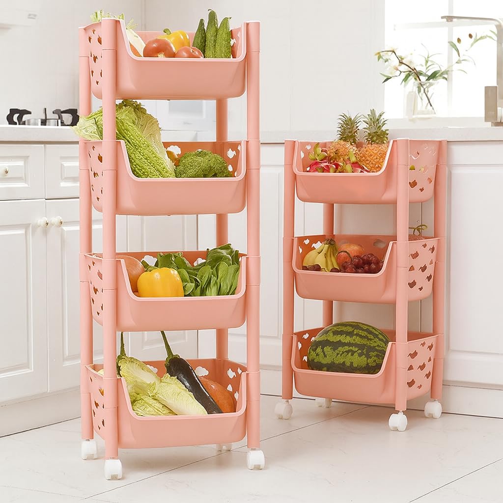 PARASNATH Plastic Skep 4 Layer Fruit&Vegetable Basket Trolley (Pink Colour) For Home&Kitchen Fruit Basket Storage Rack Organizer Holders Kitchen Trolley-Made In India (Launching Offer)