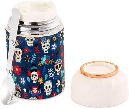 Blue Skulls Food Jar with Spoon Stainless Steel Vacuum Insulated Food Container 17 oz Food Flask for Adults