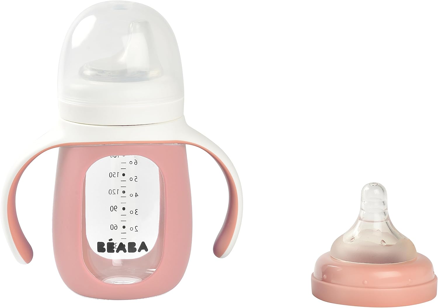 BEABA 2-in-1 Glass Baby Bottle to Glass Transition Sippy Cup, Spill Proof Sippy Cup, Toddler Baby Bottle with Soft Silicone Nipple and Spout, 7 oz (Rose)