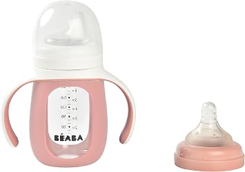 BEABA 2-in-1 Glass Baby Bottle to Glass Transition Sippy Cup, Spill Proof Sippy Cup, Toddler Baby Bottle with Soft Silicone Nipple and Spout, 7 oz (Rose)