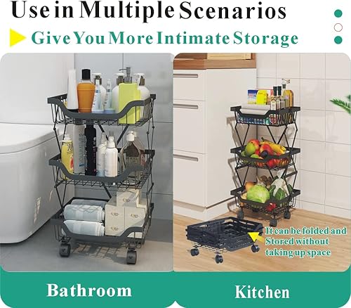 Miniatura 3 de Cesta de frutas para cocina soporte de frutas plegable de 3 niveles para encimera de cocina cesta de almacenamiento de frutas y verduras con ruedas