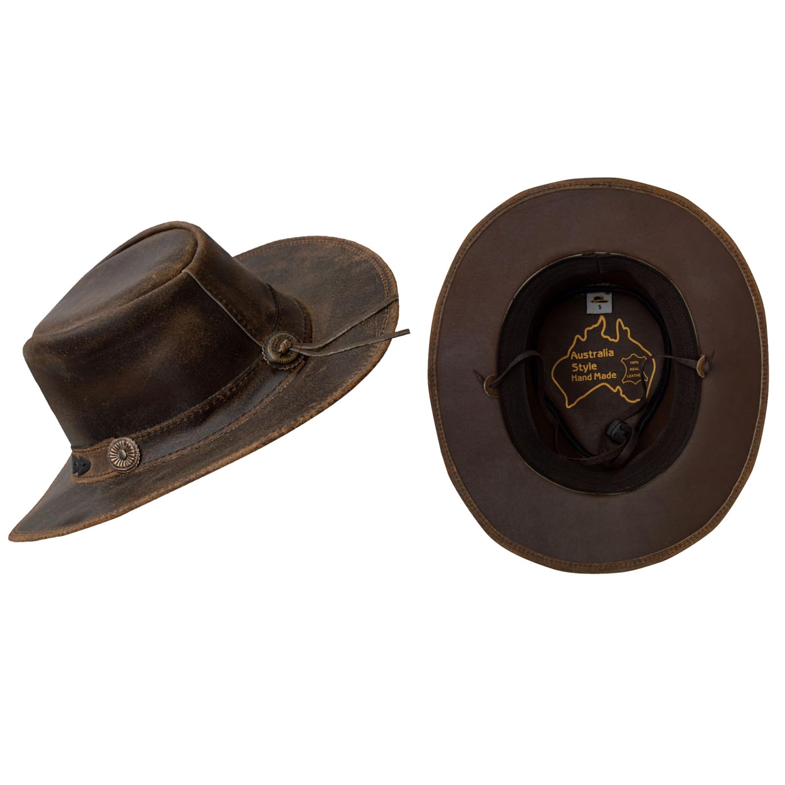Dream Apparel Cappello da cowboy in pelle marrone per uomo e donna Western Australian Outback cappello con tesa larga modellabile, cappello stile australiano