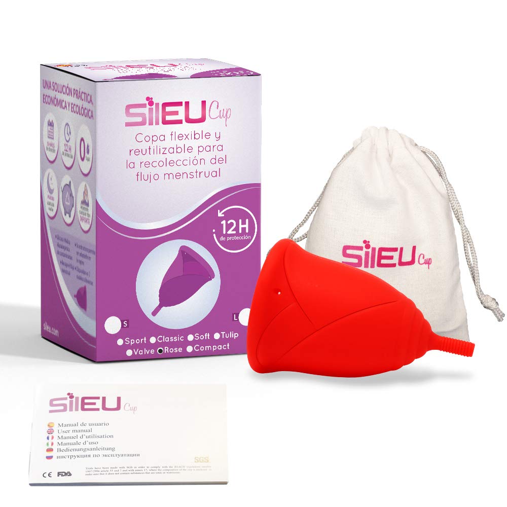 Pack Sileu Travel: Copa Menstrual Rose - Modelo de Iniciación - Talla L, Rojo, Flexibilidad Standard + Estuche de Flor + Esterilizador Plegable