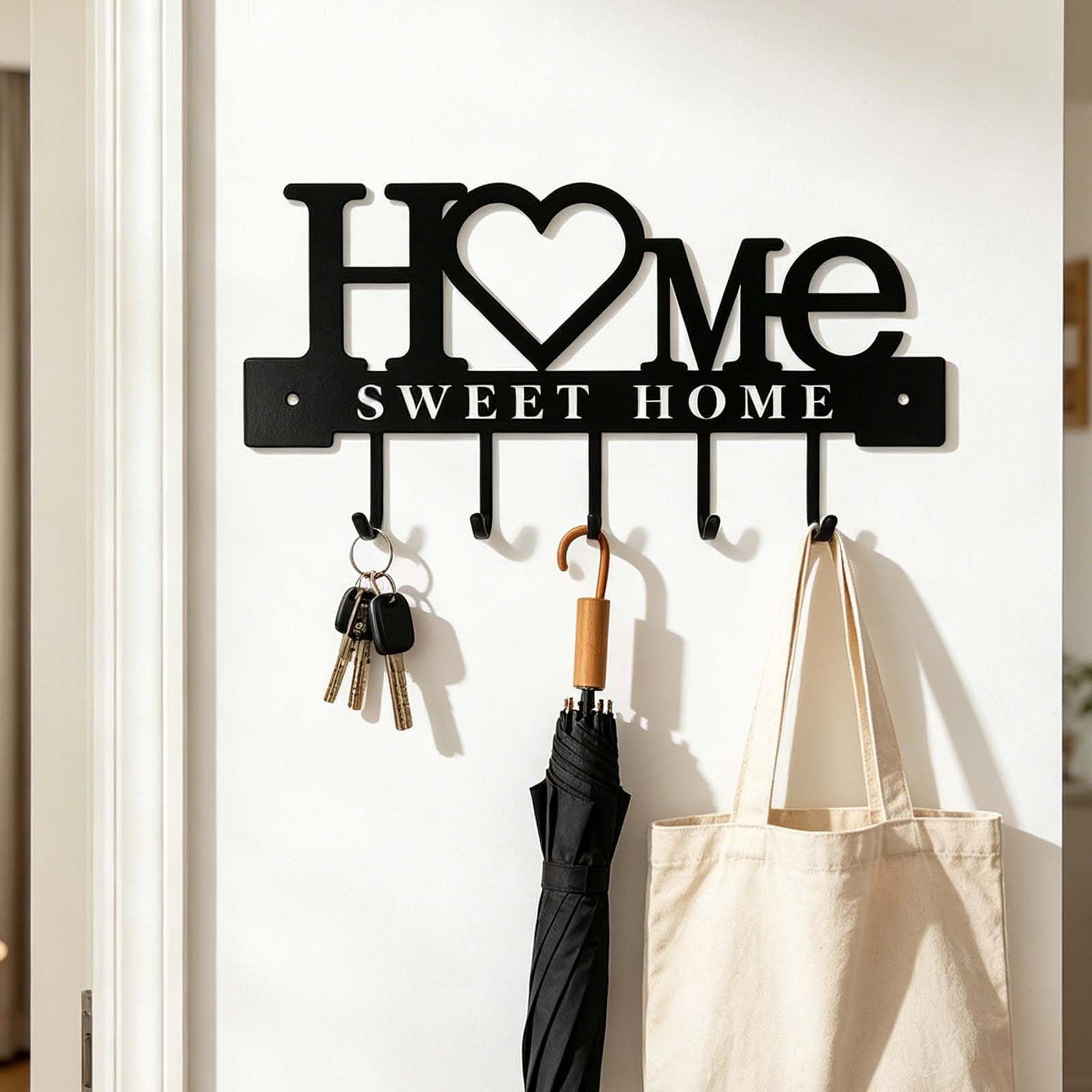 Solvio Key Holder for Wall, Metal Key Hooks Wall Mounted with 5 Hooks, Sweet Home Key Hanger Rack Organizer for Entryway, Hallway and Door, Black